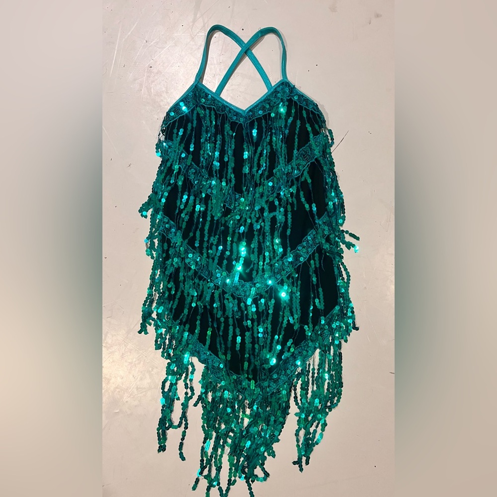 Elegant Green teal Sequin Fringe flapper dress DANCE costume medium child